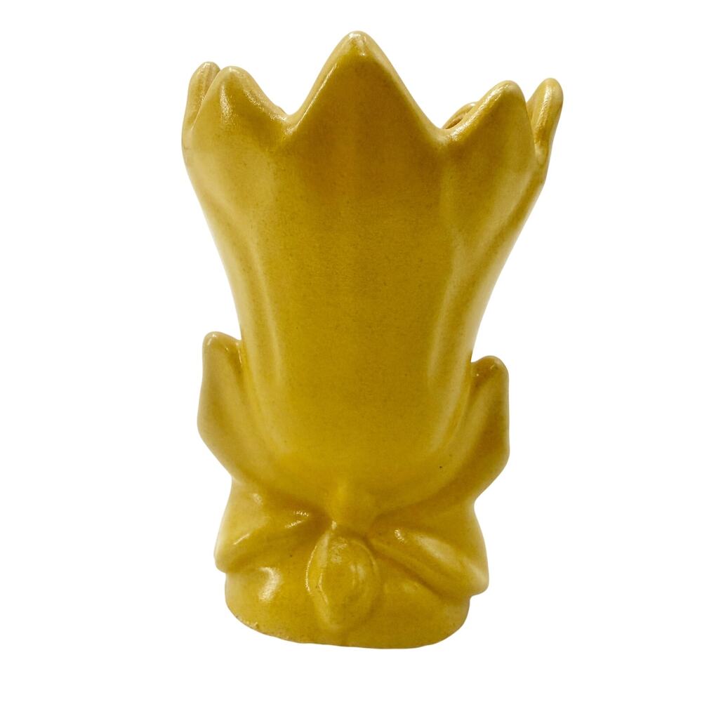 vintage yellow Bud flower Vase art pottery floral tulip & bow 4" tall
